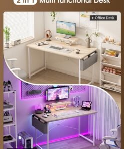 FAMAPY Office Table with Storage Bag, Computer Desk with Monitor Stand, Study Desk for Home & Office, Compact Writing Workstation (110x50x75cm, Beige)