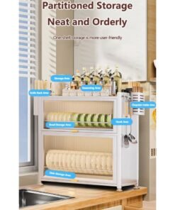 XiuWoo 3-Tier Kitchen Dish Rack, Metal Countertop Storage Cabinet, Microwave Stand, Bakers Rack, Dish Drying Rack, Storage Rack with Pull-out Cabinet, Clear Window, Hooks, and Chopsticks Organzier - Image 3