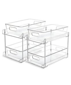 XiaoGiqi 2 Tier Bathroom Storage Organizer, 2 Pack Clear Under Sink Organizers Vanity Counter Storage Container, Medicine Cabinet Drawers Bins, Pull-Out Organization with Track for Pantry, Kitchen