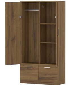 Mahmayi Wooden Wardrobe with 2 Doors, 2 Drawers, Hanging Rod and 2 Compartments, Wooden Closet Storage Cabinet for Bedroom, Living Room - Cognac Brown Sherman Oak