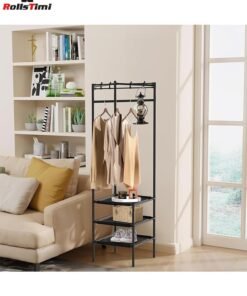 RollsTimi  Corner Coat Stand Metal Clothes Hanging Rail Rack Shoe Rack Hanger with 3 Shelf,Black