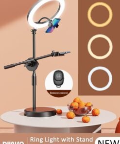 DUNISO Selfie Ring Light with Extendable Desk Stand and 2 Phone Holder, Dimmable LED Beauty Camera Ring light with Bluetooth Remote Control for Makeup, Photo Selfie, Video Recording, Live Streaming, Cooking Filming