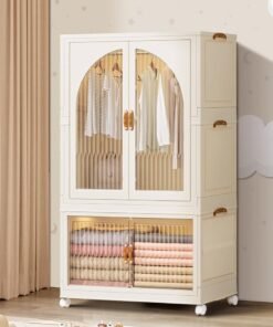 CityRiya-Long Kids Wardrobe Baby Closet Storage Organizer Portable Children Clothes Cabinet Storage Rack Toddler Dresser with Hanging Rod and Wheels for Boys Girls Clothing Nursery Armoire White