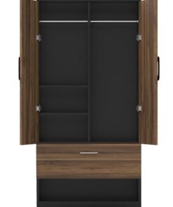 Mahmayi Wooden Wardrobe with 1 Doors, and Open Shoe Rack, Hanging Rod and 2 Compartments, Wooden Closet Storage Cabinet for Bedroom, Living Room - Dark Hunton Oak and Lava Grey