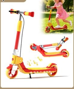 ROCKCAMEL 2-Wheel Kick Scooter with Dual Braking System, Foldable Lightweight Scooter with Music, LED Lighted Wheels and 5-Level Adjustable Height Handlebars, Push Scooter for kids 5-18 Years, Up to 100kg, Red