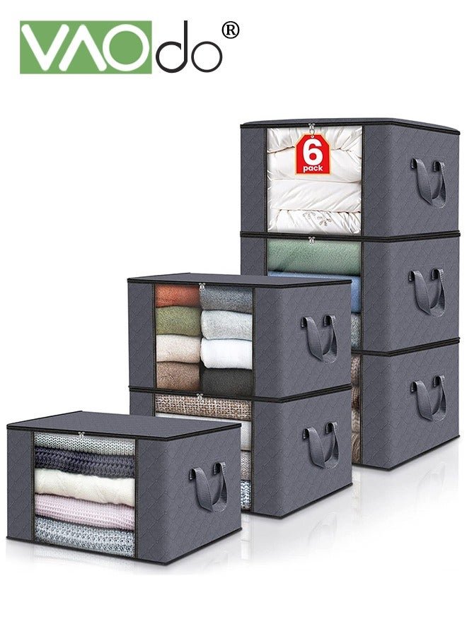 VAOdo 6 Pack Clothes Storage Foldable Blanket Storage Containers for Organizing Bedroom Closet Clothing Comforter Organization and Storage with Lids and Handle