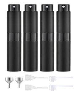 4-Piece 8ml Perfume Atomizer Refillable, Portable Empty Mini Spray Bottle for Perfume, Cologne, Liquid Sprayer, Rotating Design Use Aluminum Shell And Glass Liner, Includes Dispensing Tool, Black