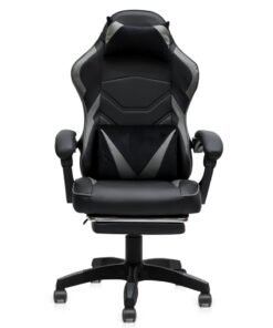 Multi Home Furniture Grey & Black Gaming Chair – Ergonomic Chair with Foot Rest & Recliner Chair Function | High-Back Office Chair with Lumbar & Headrest Support | PU Leather 360° Swivel Chair for Home