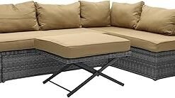 5-Piece L-Shaped Outdoor Sofa Set with Cushions – Modular Rattan Patio Couch Set with Coffee Table for Balcony, Garden, Yard, Lounge – Grey & Golden – Outdoor Furniture