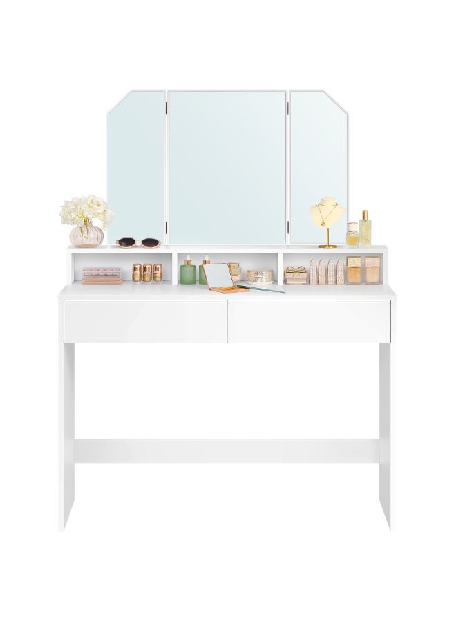 VASAGLE Dressing Table with Tri-Fold Mirror, Makeup Table with 2 Drawers and 3 Open Compartments, Vanity Table, Modern Style, White
