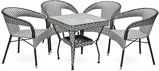 Grey & Black Rattan Dining Table Set 4 Seater – Square Glass Top Table with Wicker Chairs for Balcony Furniture, Patio Furniture, Outdoor Garden Furniture & Indoor Dining Room
