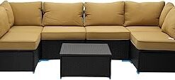 7-Piece L-Shaped Outdoor Sofa Set with Cushions – Modular Rattan Patio Couch Set with Coffee Table for Balcony, Garden, Yard, Lounge – Black & Golden – Outdoor Furniture