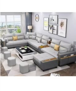 KARNAK Zara Modern Couch U Shaped PU Leather Living Room Furniture Chaise Lounge Sectional L Shape Corner Sofa Set Grey 7 Seaters 389x231x86cm