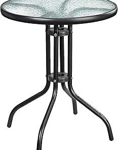 GECKO Round Patio Coffee Side Garden Table - Outdoor Furniture with Metal Frame and Tempered Water Ripple Glass Top for Garden, Backyard, Porch, Deck