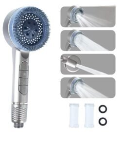 OUYoo Filtered Shower Head with Handheld, High Pressure Shower Heads with Scalp Massager Shampoo Brush for Skin & Hair Care, Filtered Shower Head with Handheld Sprayer Soften Hard Water High Pressure Handheld Shower Head  4 Modes Water Saving Filter, Pause Switch, Luxury Silver Showerhead for Healthier Bathing Experience.（Silver）