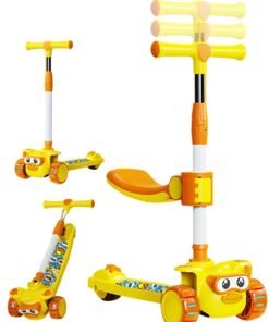 GROIC 2-in-1 Folding Kids Scooter with Music And Light, Flashing Wheels, Adjustable Seat & Handlebar, Widened Non-Slip Deck, 3 Wheel Kick Scooter for Boys Girls