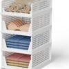 NOVATIC Plastic Clothes Organizer for Wardrobe - Foldable and Stackable Closet Cupboard Almirah Space Organiser for Shirt, T Shirt, Jeans (White Wardrobe_4 Shelf)
