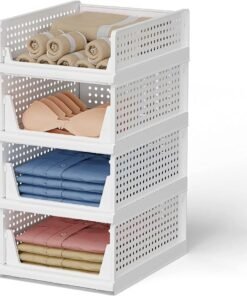 NOVATIC Plastic Clothes Organizer for Wardrobe - Foldable and Stackable Closet Cupboard Almirah Space Organiser for Shirt, T Shirt, Jeans (White Wardrobe_4 Shelf)