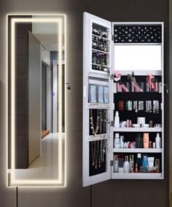 JCB CHIC Jewelry Cabinet Armoire with Mirror, Wall or Door Mount Storage Organizer with Full-Length Frameless Mirror, Lockable Cabinet with Built-in Small Mirror, Shelves