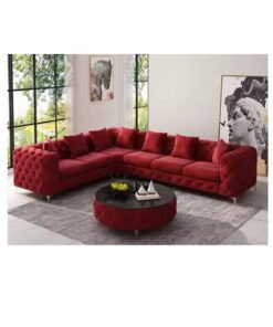 Maharat Al Bahar Red Luxury L-Shaped velvet Chesterfield Sofa - 6-Seater with silver Legs - Classic Tufted Design for Elegant Living Rooms