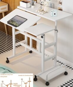 Mobile Standing Laptop Desk Rolling Laptop Workstation on Wheels Adjustable Height Computer Desk for Home Office Laptop Workstation with Side Storage (White Table)
