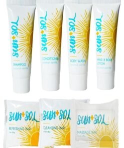 World Amenities - Sun + Sol Mini Size Hotel Toiletries Bathroom Kit | Warm Coconut & Vanilla | Shampoo, Conditioner, Body Wash, Lotion, Cleansing Bar, Refreshing Soap Bar and Moisturizing Massage Bar