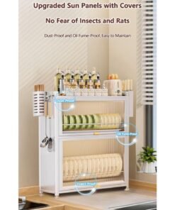 XiuWoo 3-Tier Kitchen Dish Rack, Metal Countertop Storage Cabinet, Microwave Stand, Bakers Rack, Dish Drying Rack, Storage Rack with Pull-out Cabinet, Clear Window, Hooks, and Chopsticks Organzier - Image 4