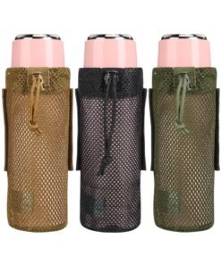 SOLARAE 3 Pcs Adjustable Water Bottle Pouch, Molle Tactical Storage Mesh Bag for 17 Oz Drink Cup Lightweight Foldable Mesh Water Bottle Holder for Backpack Travel Bag (Brown, Army-Green, Black)