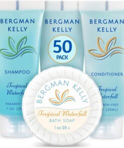 BERGMAN KELLY Round Hotel Soap Bars, Shampoo & Conditioner 3-Piece Set (1 oz each, 150 pc total, Tropical Waterfall), Delight Your Guests with Refreshing Bulk Travel Size Hotel Toiletries
