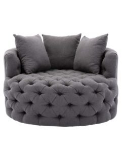 Wooden Twist Barrel Button Tufted Design Modern Round Sofa For Living Room with 3 Pillows ( Grey )