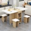 Extendable Folding Dining Table Set , Multifunctional Mobile Kitchen Table, Folding Kitchen Table with 2-Layer Shelf, 6 Wheels, With Four Benches