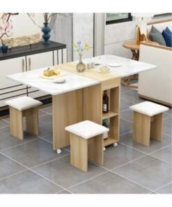 Extendable Folding Dining Table Set , Multifunctional Mobile Kitchen Table, Folding Kitchen Table with 2-Layer Shelf, 6 Wheels, With Four Benches