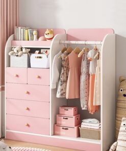 JCB CHIC Kids Wardrobe Closet,Portable Clothes Rack with 5  Drawer,Freestanding Closet Organizers and Storage System with Hanging Rods,Storage Cabinet  Suitable for Cloakrooms,Bedrooms,Entrances
