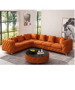 Maharat Al Bahar Burnt Orange Luxury L-Shaped Leather Chesterfield Sofa - 6-Seater with Golden Legs - Classic Tufted Design for Elegant Living Rooms