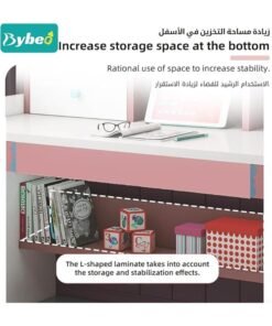Kids Study Desk, Wooden Students Writting Table with Bookshelf and Storage Cabinet, Computer Table Office Desktop with Documents Storage Shelving Rack for Home Writting Reading and Office PC Notebook Working (Pink, YN118)