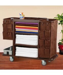 Stainless Steel Hotel Service Cart – Multi-functional Cleaning Trolley W ith 3 Shelves, 2 Bags & 1 Compartment Box for Hotels and Restaurants