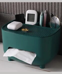 OQUERA Multifunctional Tissue Holder with Cover - Hotel-Style Rectangle Napkin Organizer Box, Storage Container for Glasses, Remotes, Pens, Pencils, and More - Green