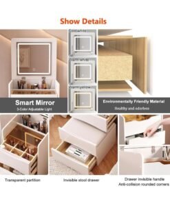 CityRiya-Long Vanity Desk with Flip Top Mirror and LED Lights, 3 Drawers Small Makeup Dressing Table with Cushioned Storage Stool, Space Saving Compact Vanity Set for Bedroom（SZZ007） - Image 3