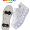 LITTLE ROCKZ Kids Four Wheel Roller Shoes Rechargeable LED Flash Light Sneaker Skate Heelys Shoes White