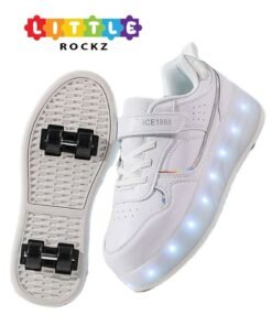 LITTLE ROCKZ Kids Four Wheel Roller Shoes Rechargeable LED Flash Light Sneaker Skate Heelys Shoes White
