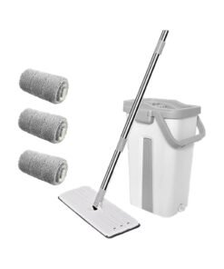 Dreamons Link Microfiber Flat Mop With Bucket, Cleaning Squeeze Hand Free Floor Mop, 3 Reusable Mop Pads, Stainless Steel Handle,360° Rotating Head Squeeze Flat Mop