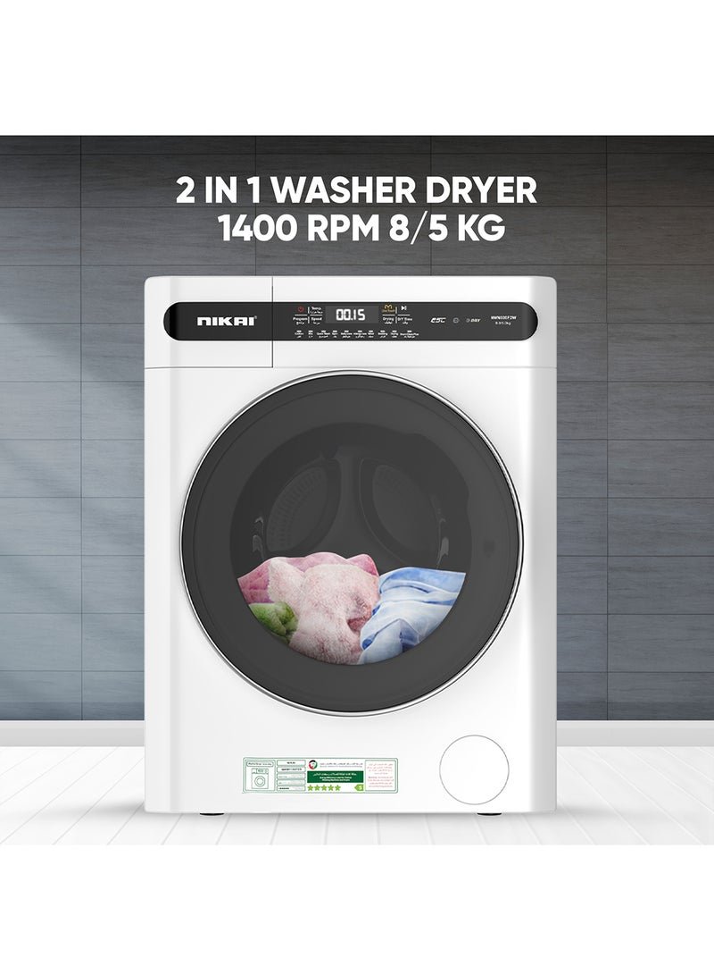 NIKAI 8/5 Premium Combo Washer Dryer With 18 Programs,Digital Panel Fully Automatic 8kg Washing Machine With 5KG 100% Dryer, One Touch Washing Program, Child Safety Lock 2000 W 8 kg 2000 W NWM805FDW White