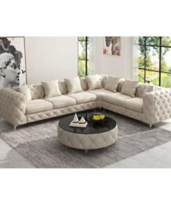 Maharat Al Bahar Maharat Furniture Golden-Legged L-Shaped Chesterfield Sofa Set – Luxury Velvet 6-Seater, Beige – Traditional Elegance for Living Room