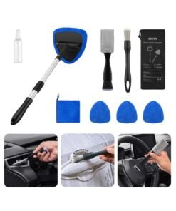 AstroAI Windshield Cleaner Tool, Car Interior Detailing Cleaning Kit with Extendable Handle and 4 Upgraded High-Density Reusable Microfiber Pads, Auto Glass Wiper Brush Kit for Cars, Blue, 15.9in-21in