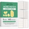 AREXA Variety Pimple Patches for Face, Different size Acne Patches 60 x 20 mm, Big Hydrocolloid Bandages for Body, Forehead, Chin, Neck Zit Breakouts, Hydrocolloid Patch (Strip, Contoured, Dot 5 Sizes 443Count)