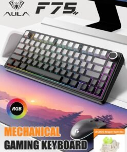 AULA 【Brand Store】F75  Mechanical Keyboard 75%Tri-Mode Wireless Keyboard RGB Backlit Gaming Keyboard Gasket Hot Swappable Custom Keyboard Printed PBT Keycaps Bluetooth/2.4GHz/USB-C with Dedicated Knob & Five-Layer Sound-Dampening Padding Reaper Switches Keyboard for PC/Gamers/Enthusiasts(Gradient Black)