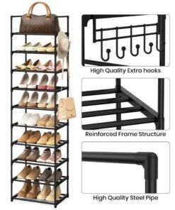 MYONE Shoe Rack With Stainless Steel Frame, Shoe Rack 10 Tier Tall Shoe Rack for Entryway 20 24 Pairs Shoe & Boots Organizer Storage Shelf Durable Black Metal Stackable Shoe Cabinet with Hooks - Image 4