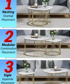 DBLEW Modern Faux White Marble Finish Round Nesting Coffee Table Set of 2 One Small and One Big Side Tea Tables with Twister Black Steel Base Space Saving Design Durable 3mm Glass Top Waterproof and Scratch-Resistant Perfect for Home Living Room Bedroom Outdoor Garden Patio or Small Spaces Versatile End Table, Sofa Side, Center Table Bedside Tables Stackable Accent Table - Image 3