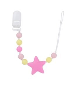 Factory Price Pacifier clips for babies, Subtle star and beads Silicone playful Teething toy with Soft ended clip cloth holder, Anti drop pacifier in Pink