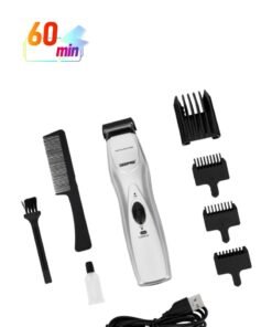 GEEPAS Rechargeable Hair Trimmer with High-Capacity Battery and 60 Minutes Use| Chromium Steel Blade, Perfect for Home and Saloon Styling, for Men| 5 Position Attachment Comb, Cleaning Brush, Lubrication Oil | 2 Years Warranty, GTR34H Black/Silver 350grams